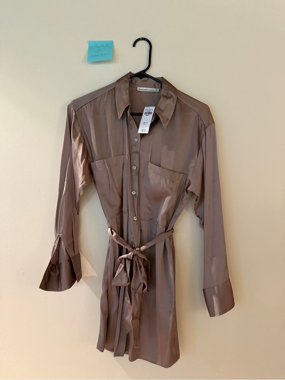 Abercrombie & Fitch Taupe Satin Long-Sleeve Shirt Dress NWT